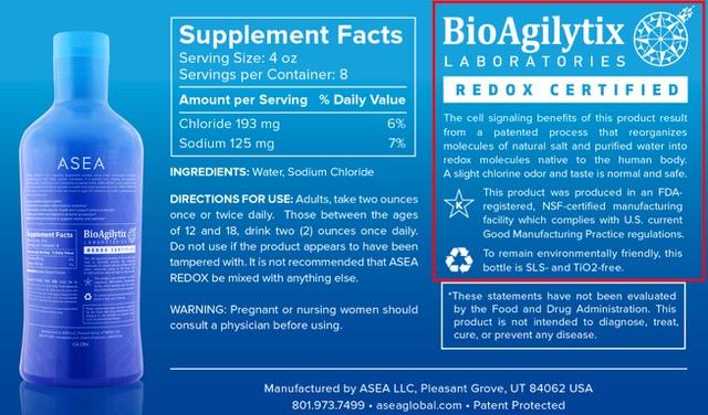 ASEA Redox Cell Signaling Supplement label